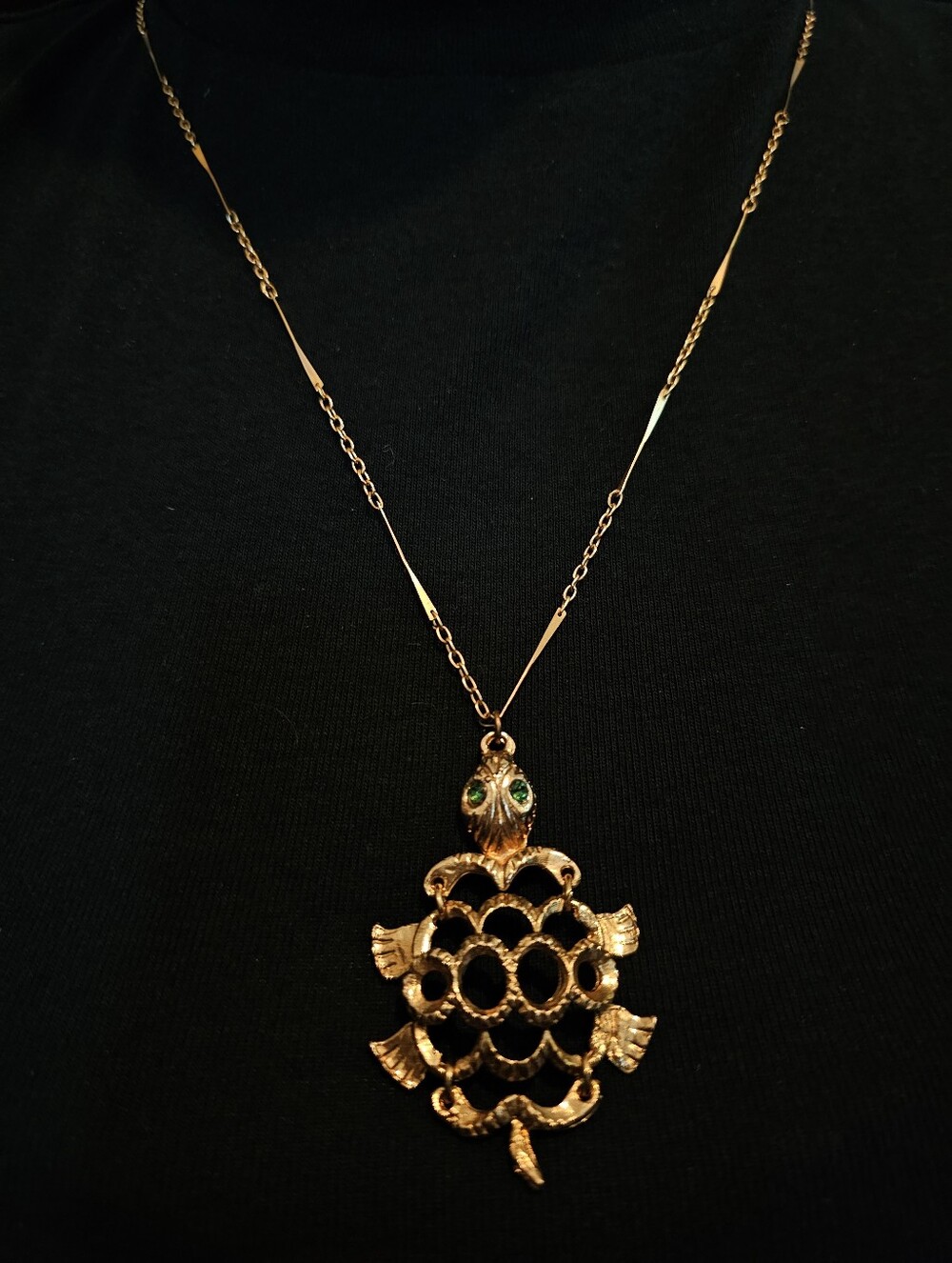 Vintage Gold Turtle Pendant Necklace with Green Stone Eyes